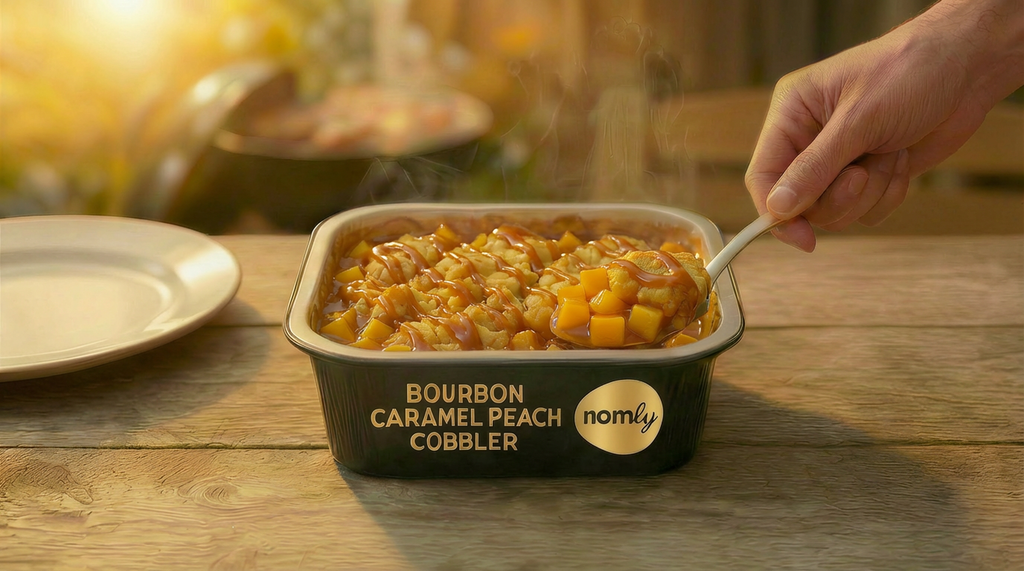 Bourbon Caramel Peach Cobbler