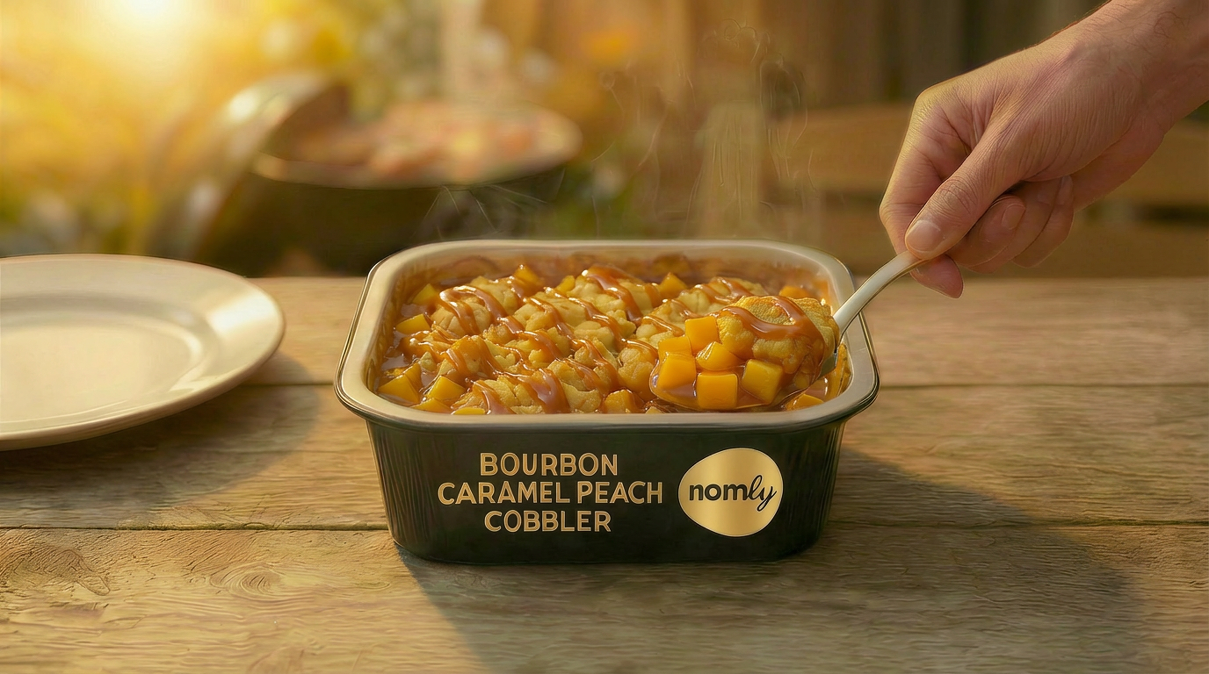Bourbon Caramel Peach Cobbler